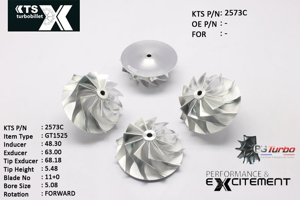 Turbo ROUE FORGÉE MFS PERFORMANCE - 11+0 PALES - INDUCER : 48,3 - EXDUCER : 63 - TYPE : GT15-25ANGLE : 50° - ROTATION : Forward - SUPER BACK : 2,32 - BORE SIZE : 5,08

